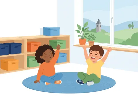 Satzzeichen am Satzende: Zwei Kinder sitzen in einem hellen Schulzimmer auf dem Teppich. Das Mädchen streckt neugierig die Hand auf, der Junge lacht und reisst vor Freude die Arme hoch.