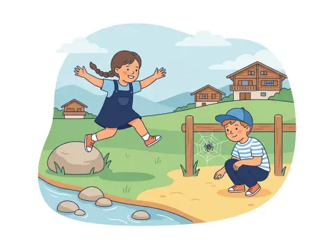 sch-, sp- und st-Schreibung: Zwei Kinder spielen am Bach: Ein Mädchen springt von einem grossen Stein, ein Bub schaut einer Spinne im Netz zu.