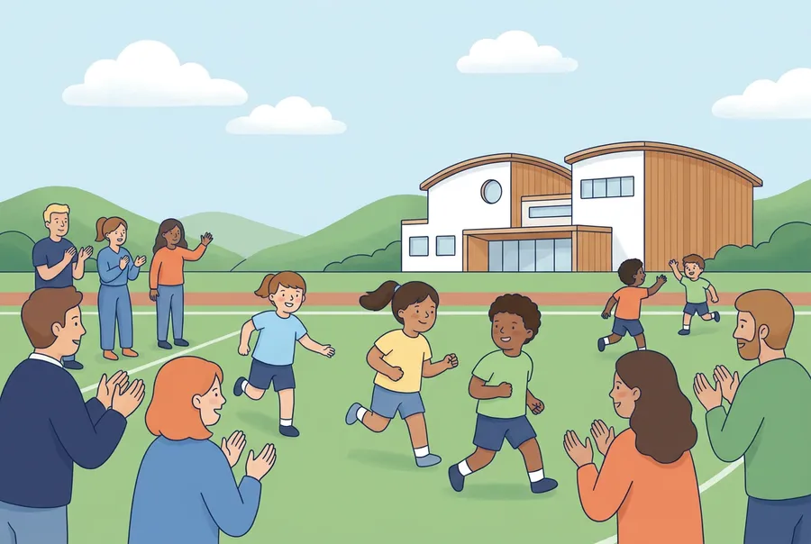 Kinder rennen auf einem Schulsportplatz im Kreis, am Rand klatschen Eltern und Lehrpersonen.