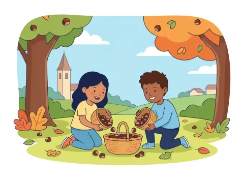 Schriftlich addieren: Zwei Kinder sammeln im Herbst im Park Kastanien und schütten sie aus zwei kleinen Körben in einen grossen Korb.