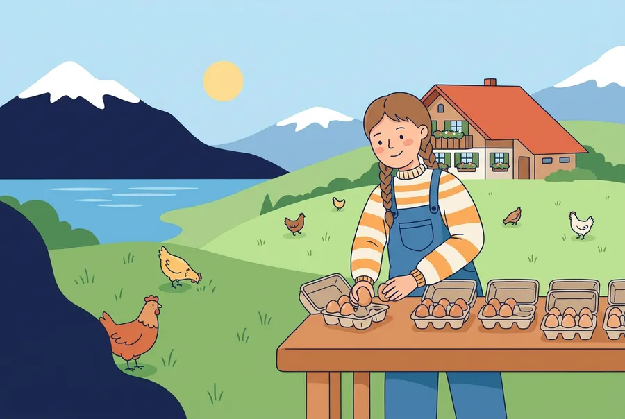 Ein Mädchen legt auf einem Bauernhof frische Eier in Eierschachteln, im Hintergrund Hühner und Berge.