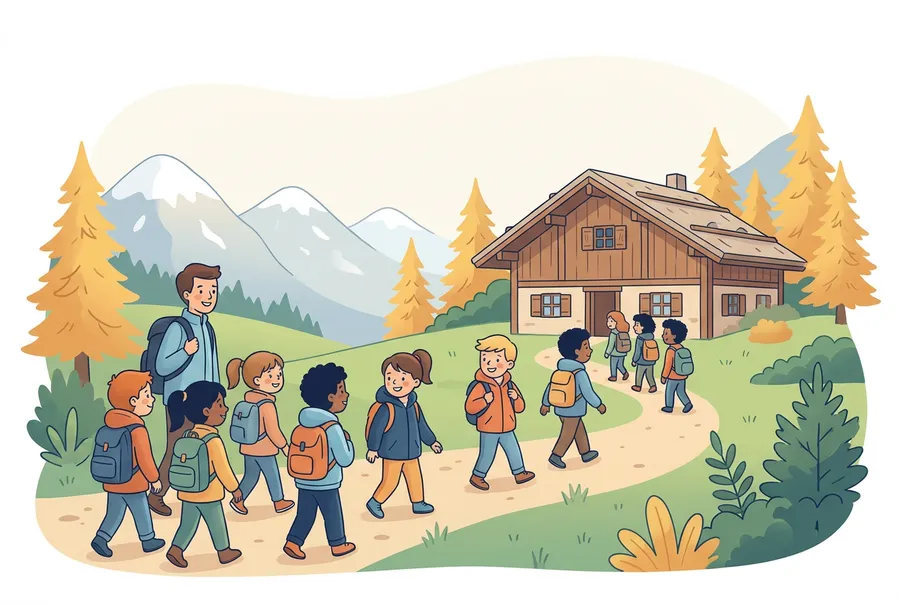 Eine Schulklasse mit Rucksäcken kommt bei einem Lagerhaus aus Holz in den Bündner Bergen an.