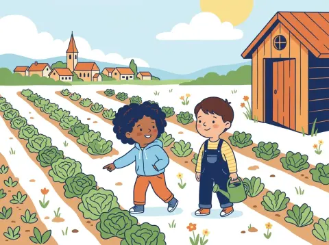 Schriftlich multiplizieren: Zwei Kinder gehen in einem grossen Gemüsegarten an langen, geraden Reihen von Salatköpfen entlang.