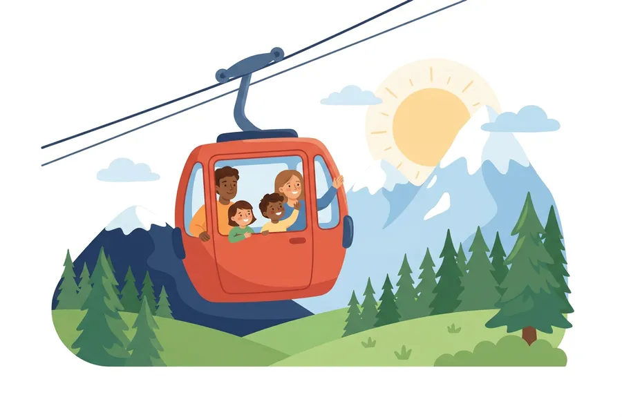 Eine Familie mit zwei Kindern schaut aus einer Gondel, die über Tannenwald zu verschneiten Berggipfeln hinauffährt.