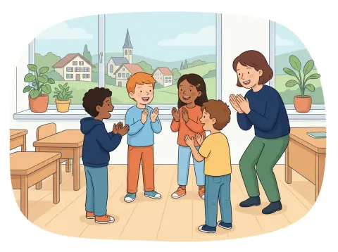 Silbentrennung: Kinder im Schulzimmer klatschen beim langsamen Sprechen in die Hände, die Lehrerin klatscht mit.