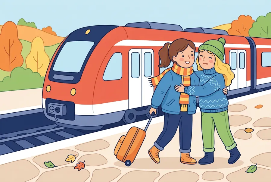 Zwei Mädchen im Teenageralter umarmen sich auf einem Bahnsteig, eines zieht einen kleinen Koffer, im Hintergrund steht ein roter Zug.