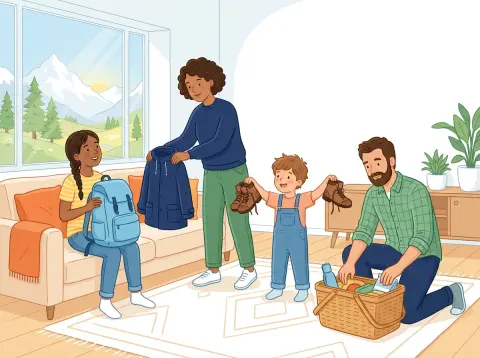 Subjonctif: Eine Familie packt in der Stube für die Ferien im Wallis: Die Mutter reicht der Tochter eine Regenjacke, der Bruder hält Wanderschuhe.