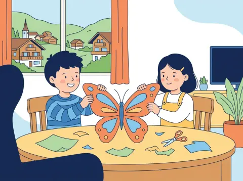 Symmetrie und Achsenspiegelung: Zwei Kinder falten am Tisch einen ausgeschnittenen Schmetterling aus Papier auf, beide Flügel sehen gleich aus.