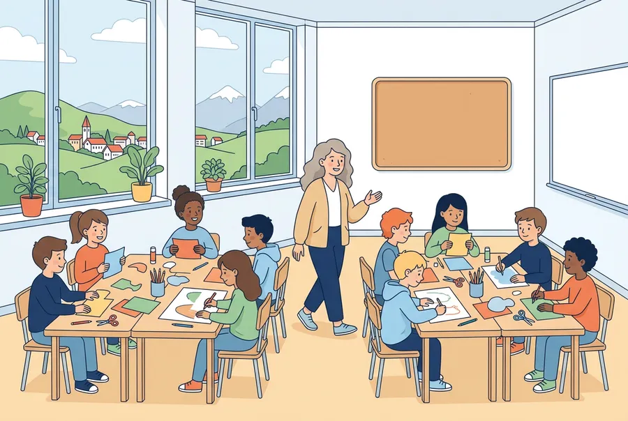 Kinder einer Primarschulklasse bilden im Schulzimmer kleine Gruppen an zusammengeschobenen Tischen, durch das Fenster sieht man Berge.