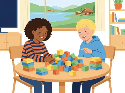 Teilbarkeitsregeln, Teiler und Vielfache: Zwei Kinder sortieren am Tisch einen Haufen bunter Holzklötze und stapeln sie zu kleinen Türmen.