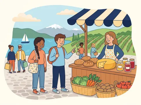 Teilungsartikel du, de la, des: Zwei Jugendliche kaufen an einem Marktstand am Genfersee ein: Brot, Käse, Konfitüre und Gemüse liegen auf dem Stand, im Hintergrund See, Reben und Berge.