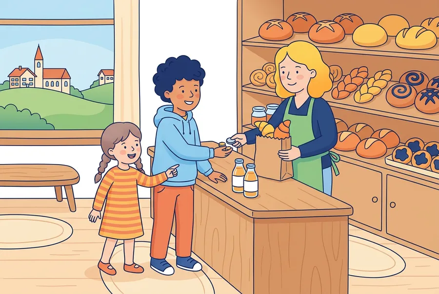 Ein Junge und seine jüngere Schwester kaufen in einer Dorfbäckerei Gipfeli und Apfelsaft.