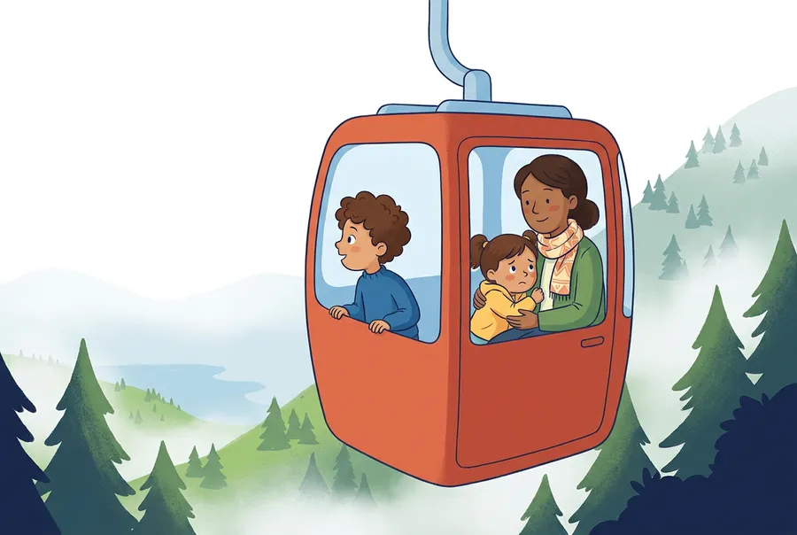Eine Mutter, ein Knabe und seine kleine Schwester sitzen in einer roten Gondel, die über einem nebligen Bergwald stillsteht.