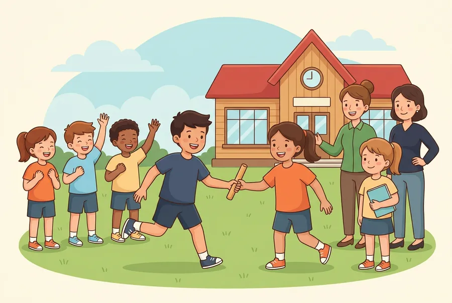 Kinder rennen an einem sonnigen Sporttag auf einem Rasenplatz neben einem Schulhaus eine Stafette. Andere Kinder feuern sie an.