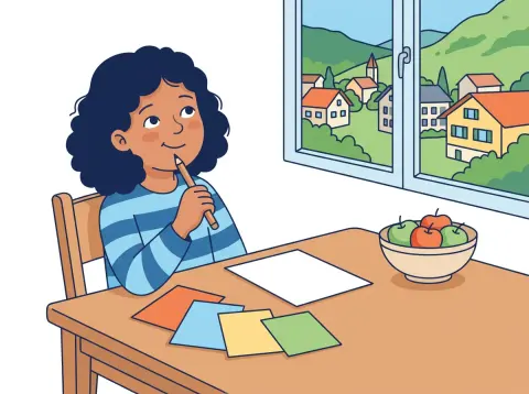 Ideen finden und Text planen: Ein Mädchen sitzt an einem Küchentisch, hält einen Bleistift ans Kinn und denkt nach. Vor ihm liegen leere farbige Kärtchen.