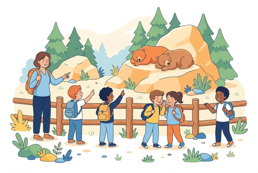 Eine Schulklasse steht mit der Lehrerin an einem Holzzaun in einem Tierpark. Dahinter liegen zwei Braunbären auf einem sonnigen Felsen.