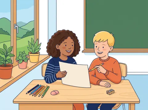 Texte überarbeiten: Ein Mädchen und ein Knabe sitzen in einem hellen Schulzimmer nebeneinander und besprechen zusammen ein Blatt Papier.