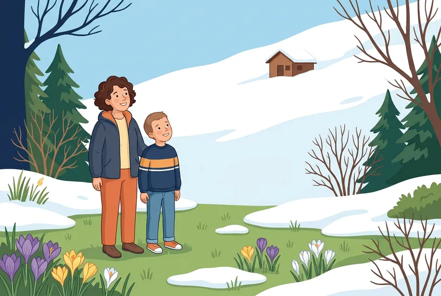 Eine Mutter und ihr Sohn stehen im Frühling im Garten mit letzten Schneeresten und schauen hinauf zu einer verschneiten Alp.