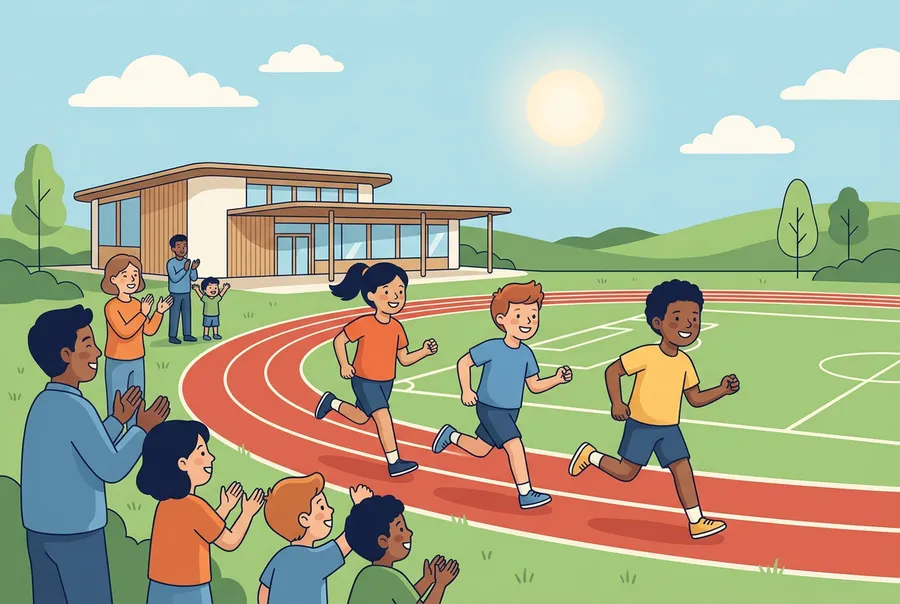 Drei Kinder rennen auf der Laufbahn beim Schulhaus, am Rand klatschen Eltern und Lehrpersonen.