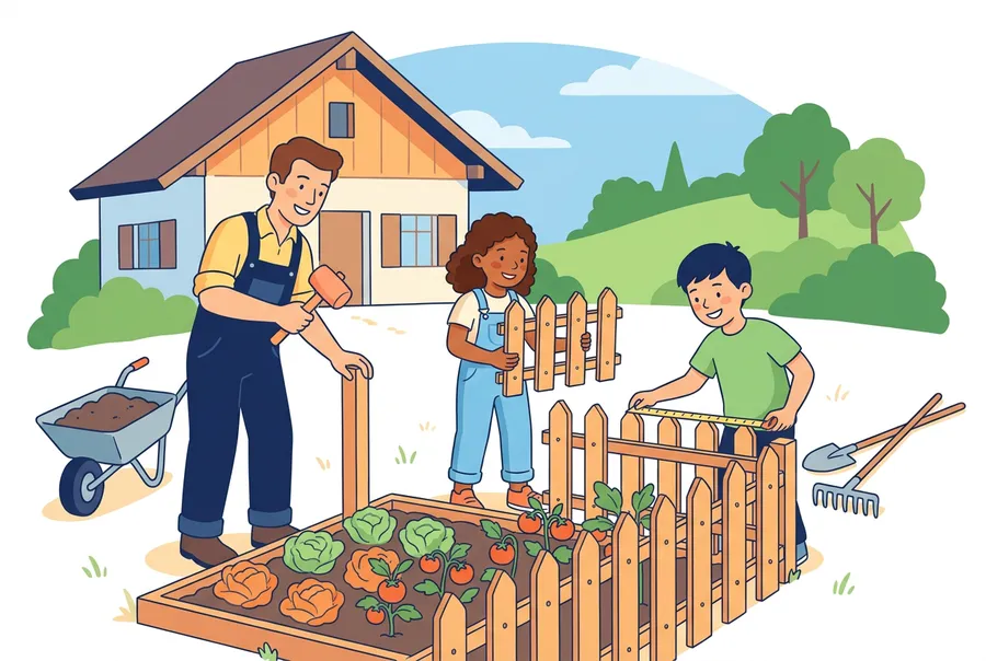 Ein Vater und zwei Kinder stellen einen niedrigen Holzzaun um einen rechteckigen Gemüsegarten.