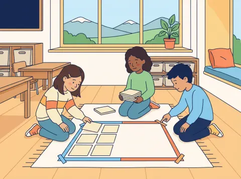 Umfang und Fläche von Rechteck und Quadrat: Kinder legen im Schulzimmer eine mit Klebeband markierte rechteckige Fläche mit Kartonquadraten aus.