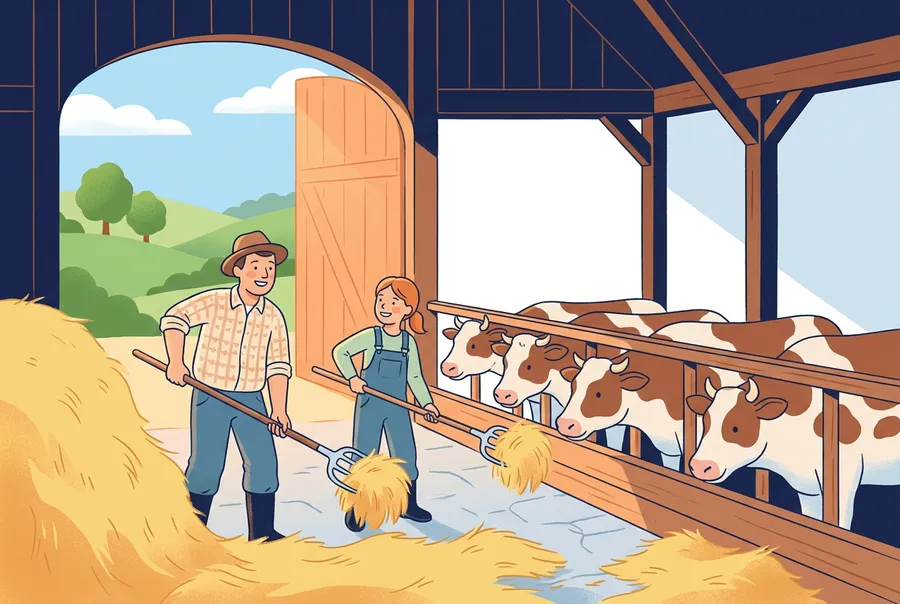 Ein Bauer und ein Mädchen geben in einem Holzstall im Emmental einer Reihe Kühe Heu.