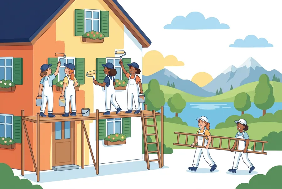 Malerinnen in weissen Überkleidern streichen auf einem Gerüst eine Hausfassade, zwei weitere kommen mit einer Leiter dazu.