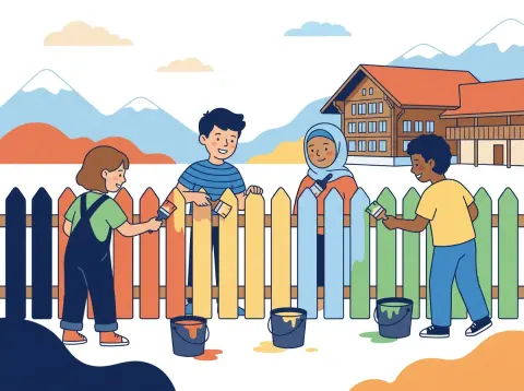 Umgekehrte Proportionalität: Vier Kinder streichen zusammen einen langen Holzzaun auf einem Schulhausplatz, im Hintergrund Berge.