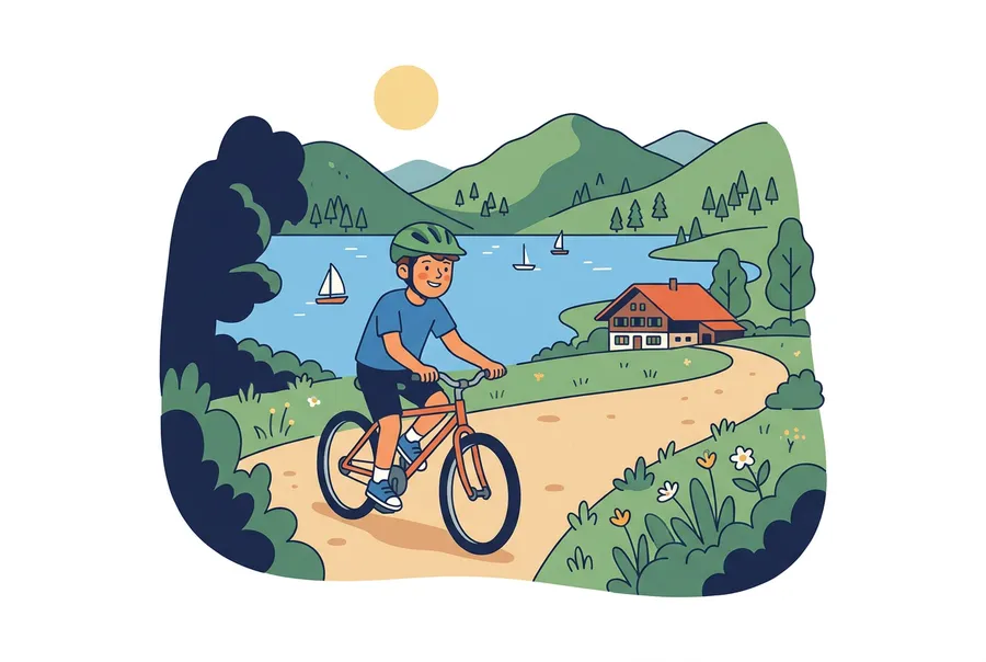 Ein Junge mit Helm fährt mit dem Velo auf einem Uferweg an einem See, im Hintergrund Berge.