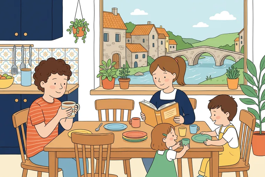 Frühstück bei einer Gastfamilie in Fribourg: Ein Junge trinkt heisse Schokolade, ein Mädchen liest, zwei Kleine decken den Tisch.