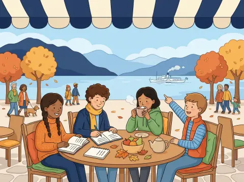Unregelmässige Verben: Vier Jugendliche auf einer Caféterrasse am Genfersee: Eine liest, einer schreibt ins Heft, eine trinkt heisse Schokolade, einer zeigt auf ein Dampfschiff.