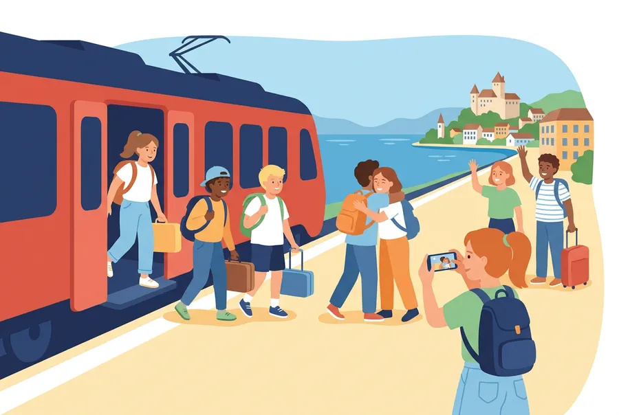Eine Schulklasse mit Rucksäcken kommt am Bahnhof an, Gastkinder begrüssen sie, ein Mädchen macht mit dem Handy ein Foto der Gruppe.