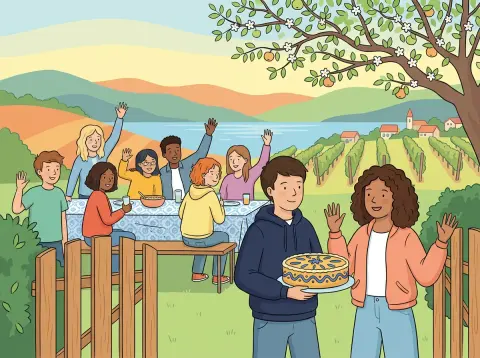 venir konjugieren: Jugendliche kommen zu einem Gartenfest in einem Dorf am See: Ein Junge bringt einen Kuchen, ein Mädchen winkt am offenen Gartentor.