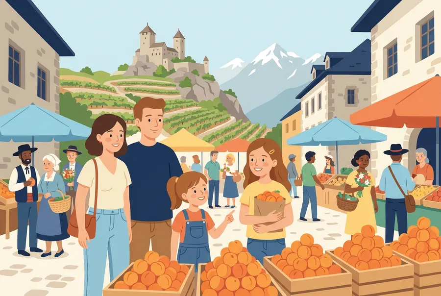Eine Familie kauft an einem Marktstand in einer Walliser Altstadt Aprikosen, ein Mädchen hält eine volle Tüte, im Hintergrund Berge und Weinberge.