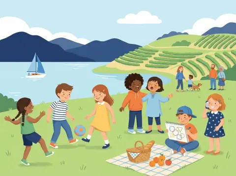 Regelmässige Verben auf -er: Kinder spielen, tanzen, singen und zeichnen auf einer Wiese am Genfersee, während ein Mädchen telefoniert.