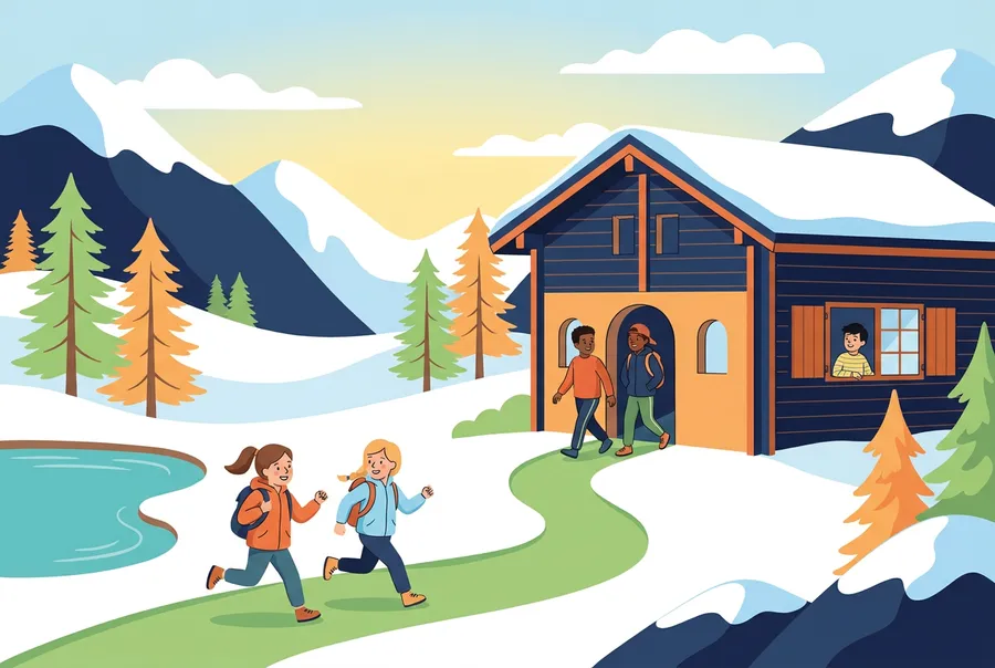 Jugendliche verlassen am Morgen ein Holzchalet in den verschneiten Walliser Bergen, zwei Mädchen rennen zum Bergsee, ein Junge schaut aus dem offenen Fenster.