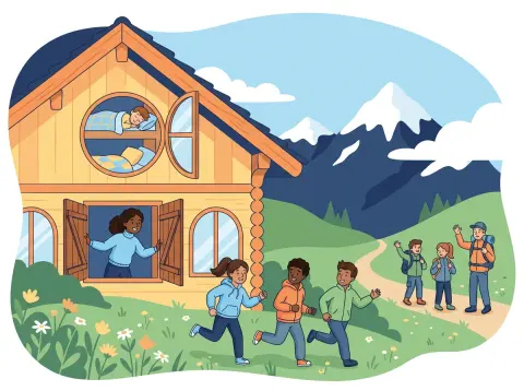 Verben auf -ir: Morgen im Klassenlager vor einem Holzchalet in den Bergen: Ein Mädchen öffnet die Fensterläden, Kinder rennen über die Wiese, andere brechen mit Rucksäcken auf.