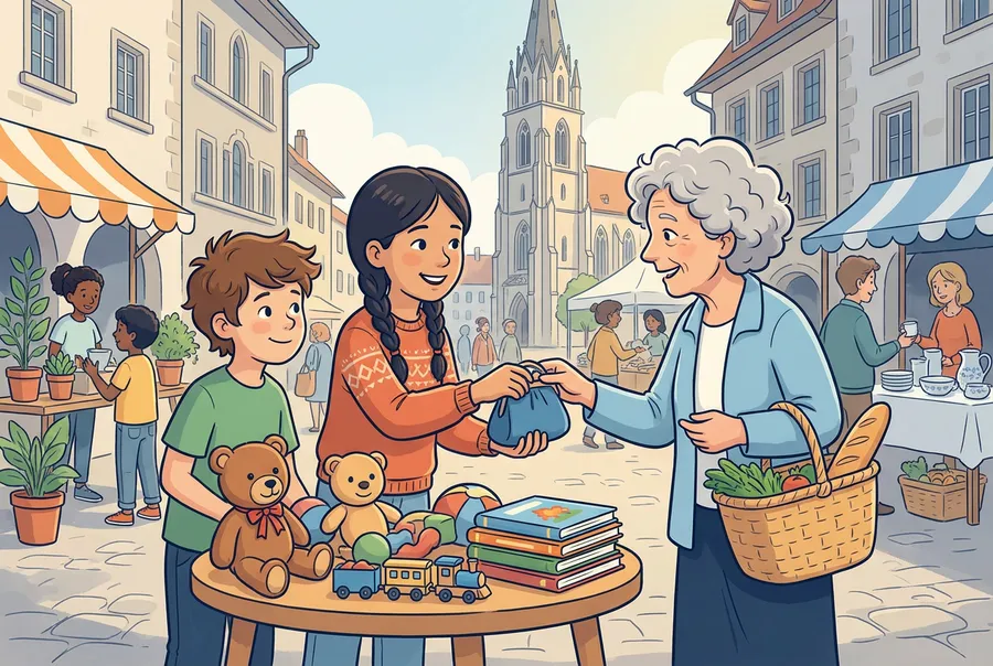 Ein Mädchen und sein Bruder verkaufen an einem Flohmarktstand in einer Altstadt alte Spielsachen, das Mädchen gibt einer Frau ihr Portemonnaie zurück.