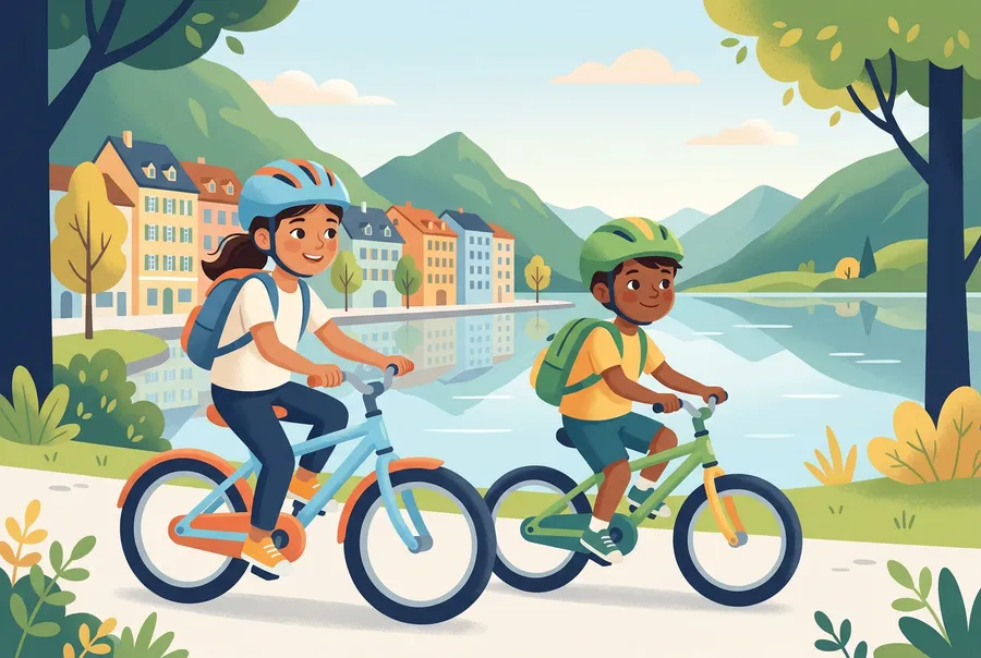 Ein Mädchen und sein jüngerer Bruder fahren am Morgen mit dem Velo zur Schule, im Hintergrund ein See und alte Häuser.