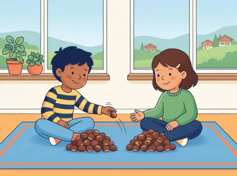 Verdoppeln und halbieren: Zwei Kinder sitzen im Schulzimmer am Boden und teilen einen Haufen Kastanien in zwei gleich grosse Häufchen.