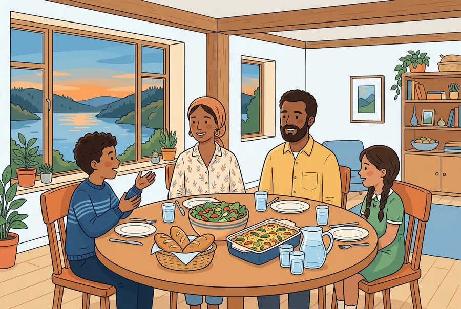Ein Knabe sitzt mit einer Gastfamilie beim Abendessen am Tisch, durch das Fenster sieht man einen See im Abendlicht.