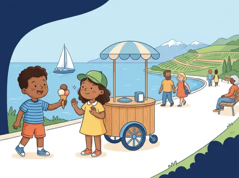 Verneinung: Zwei Kinder an einem Glacestand am Seeufer: Das eine hält eine Glace hin, das andere schüttelt freundlich den Kopf und hebt die Hand.
