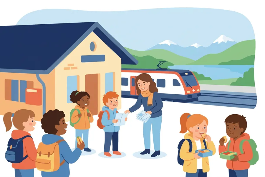 Eine Schulklasse mit Rucksäcken wartet am Morgen vor einem kleinen Bahnhof, die Lehrerin sammelt Zettel ein.