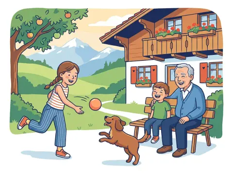 Die vier Fälle: Nominativ, Akkusativ, Dativ, Genitiv: Ein Mädchen wirft im Garten einem Hund einen Ball zu, ihr kleiner Bruder und der Grossvater schauen von einer Holzbank aus zu.