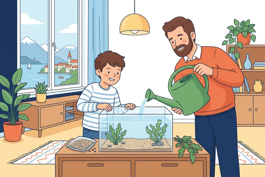 Ein Junge und sein Vater füllen in der Stube ein Glasaquarium mit Wasser aus einer Giesskanne.