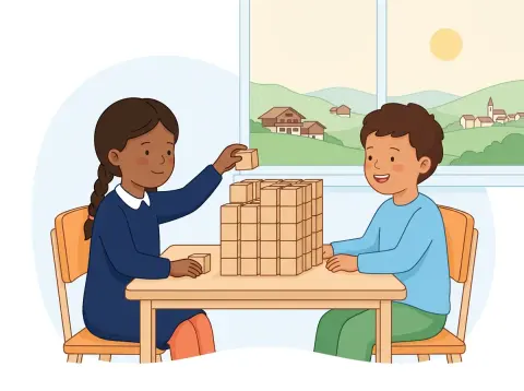 Volumen von Würfel und Quader: Zwei Kinder bauen am Tisch im Schulzimmer aus vielen kleinen Holzwürfeln einen grossen Quader.