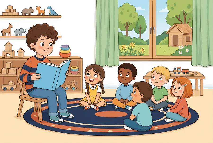 Ein Junge sitzt auf einem kleinen Stuhl im Kindergarten und liest einer Gruppe kleiner Kinder auf einem Teppich aus einem Bilderbuch vor.