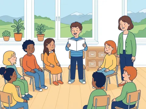 Flüssig lesen und vorlesen: Ein Junge steht vor seiner Klasse und liest aus einem Buch vor, die anderen Kinder hören aufmerksam zu.
