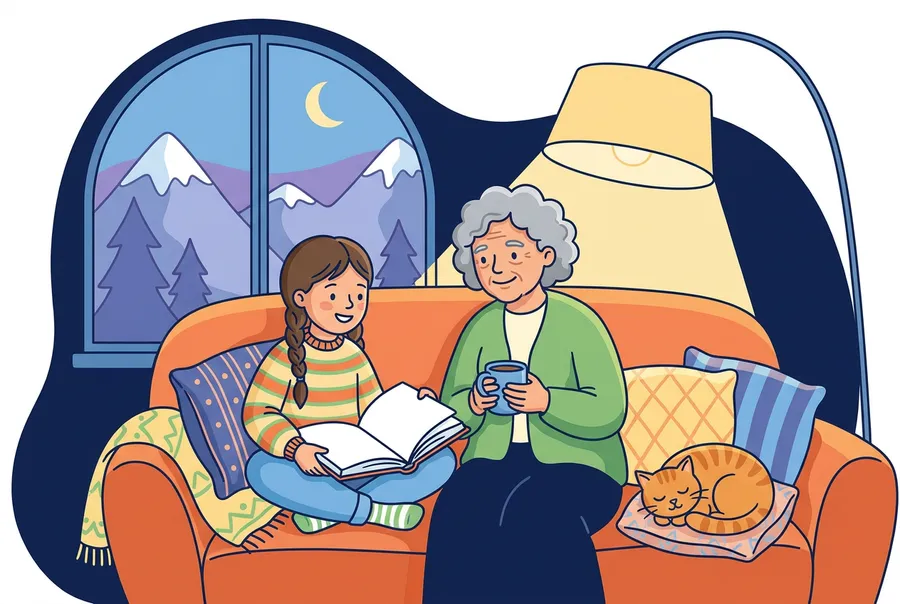 Ein Mädchen sitzt auf dem Sofa und liest ihrer Grossmutter laut aus einem Buch vor, die Grossmutter hört lächelnd zu.