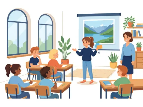 Vortrag und Präsentation: Eine Jugendliche hält vor der Klasse einen Vortrag, hinter ihr zeigt die Leinwand ein Foto eines Bergsees, die Klasse hört zu.